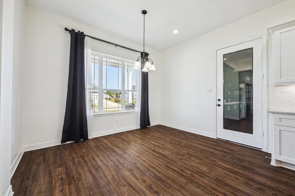 Empty room, Interior, Pendant Lights, Recessed Lighting, Wood Texture Flooring
