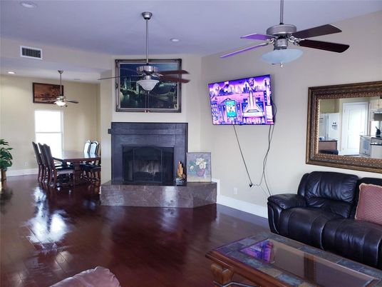 Dining room, Fireplace, Interior, Recessed Lighting, Wood Texture Flooring