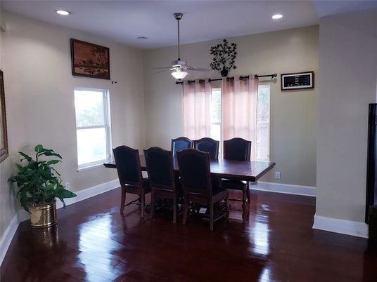 Dining room, Interior, Recessed Lighting, Wood Texture Flooring