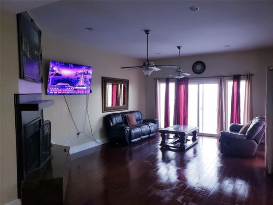 Fireplace, Interior, Living room, Recessed Lighting, Wood Texture Flooring