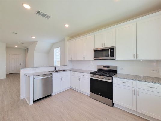 Interior, Kitchen, Recessed Lighting, Stainless Steel Appliances, Wood Texture Flooring
