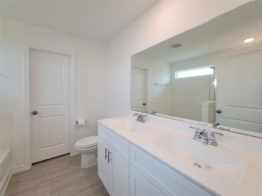 Bathroom, Dual Sink Vanities, Interior, Recessed Lighting, Wood Texture Flooring