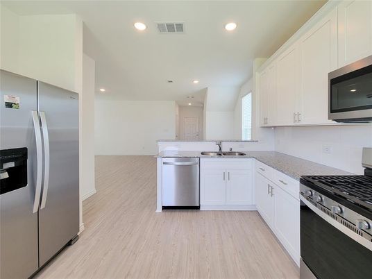 Interior, Kitchen, Recessed Lighting, Stainless Steel Appliances, Wood Texture Flooring