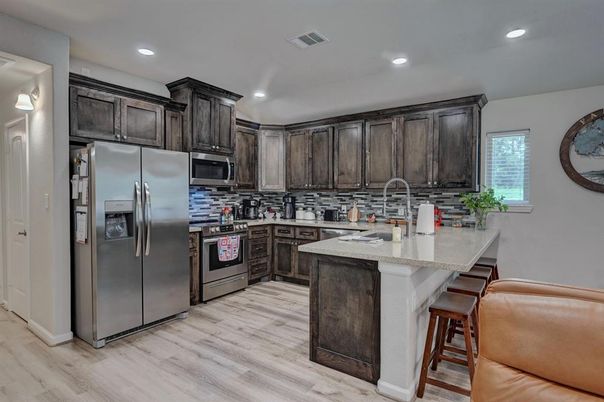 Interior, Kitchen, Recessed Lighting, Stainless Steel Appliances, Wood Texture Flooring