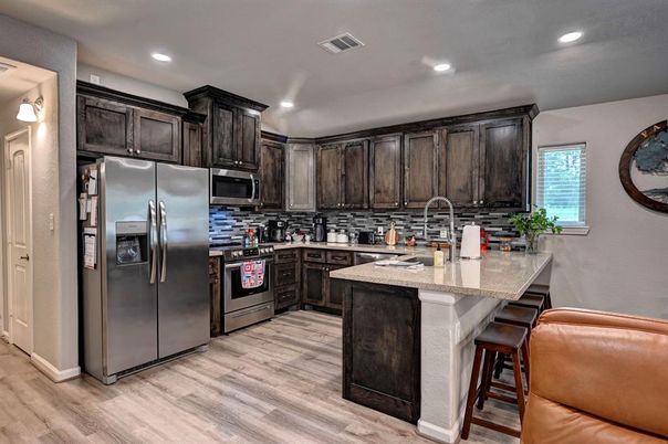 Interior, Kitchen, Recessed Lighting, Stainless Steel Appliances, Wood Texture Flooring