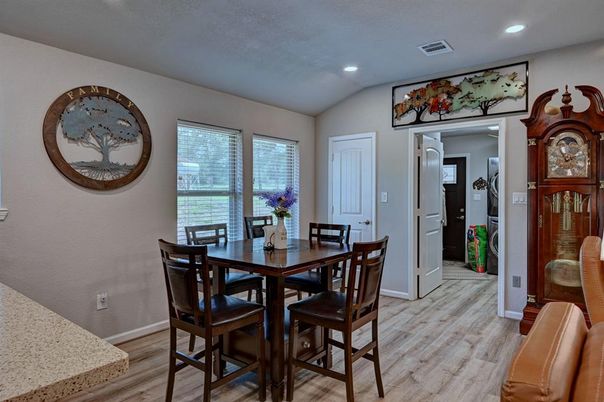 Dining room, Interior, Recessed Lighting, Wood Texture Flooring