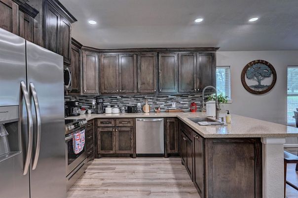 Interior, Kitchen, Recessed Lighting, Stainless Steel Appliances, Wood Texture Flooring