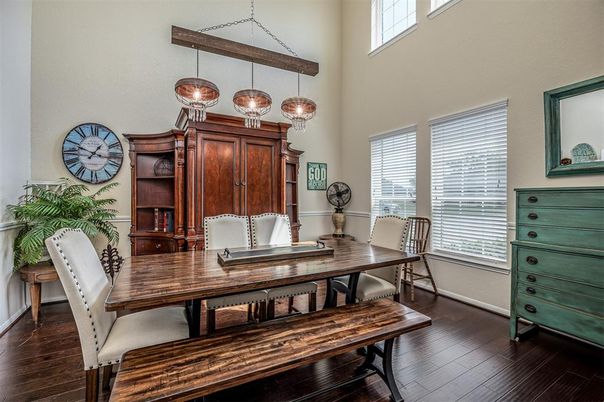Dining room, Interior, Pendant Lights, Wood Texture Flooring