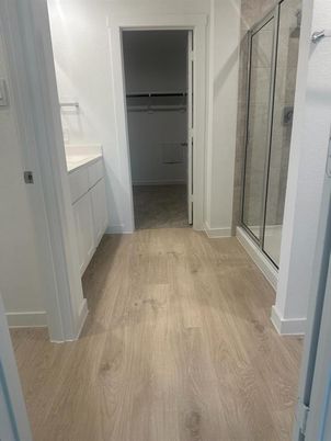 Bathroom, Glass Shower, Interior, Wood Texture Flooring