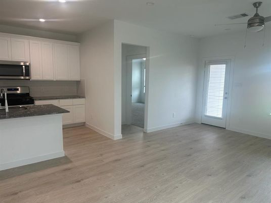 Empty room, Interior, Kitchen, Recessed Lighting, Wood Texture Flooring