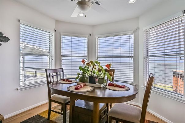 Dining room, Interior, Recessed Lighting, Wood Texture Flooring