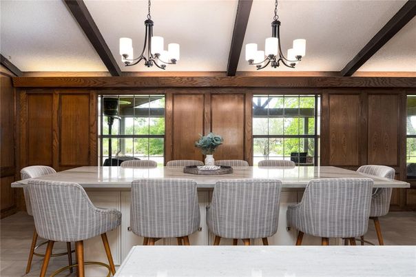 Chandelier, Dining room, Interior, Wooden Beams