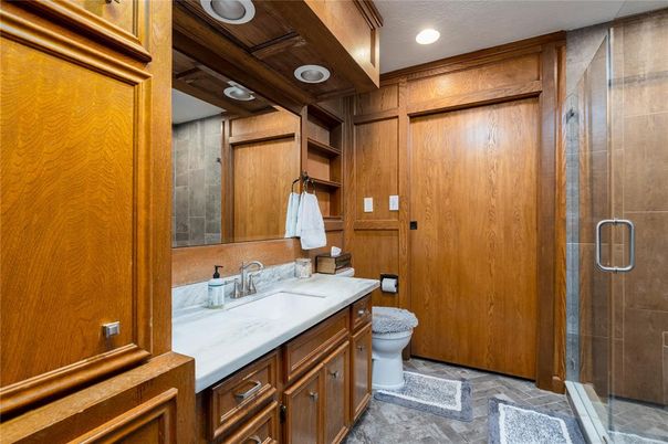 Bathroom, Glass Shower, Interior, Recessed Lighting, Wooden Walls