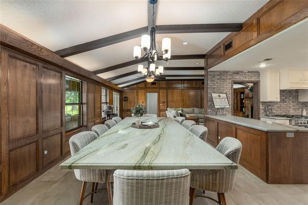 Chandelier, Dining room, Interior, Kitchen, Pendant Lights, Recessed Lighting, Stone Walls, Wooden Beams