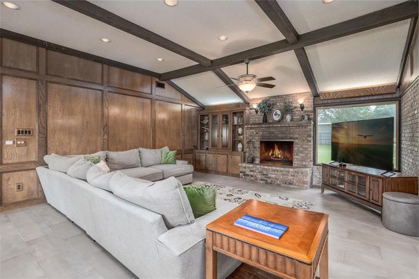 Fireplace, Interior, Living room, Recessed Lighting, Stone Walls, Wooden Beams, Wooden Walls