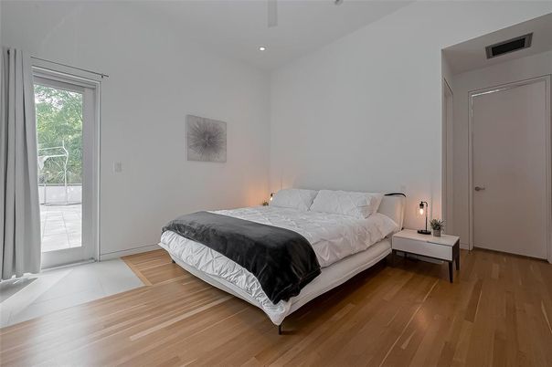 Bedroom, Interior, Recessed Lighting, Wood Texture Flooring
