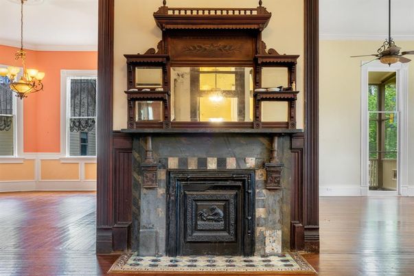 Chandelier, Fireplace, Interior, Wood Texture Flooring