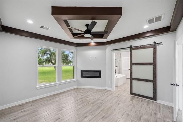 Empty room, Fireplace, Interior, Recessed Lighting, Wood Texture Flooring