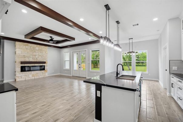 Fireplace, Interior, Kitchen, Pendant Lights, Recessed Lighting, Stone Walls, Wooden Beams, Wood Texture Flooring