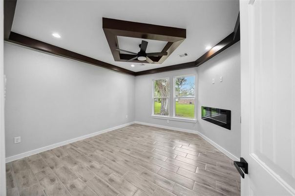 Empty room, Fireplace, Interior, Recessed Lighting, Wood Texture Flooring