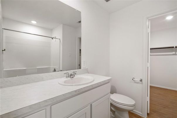 Bathroom, Interior, Recessed Lighting, Wood Texture Flooring