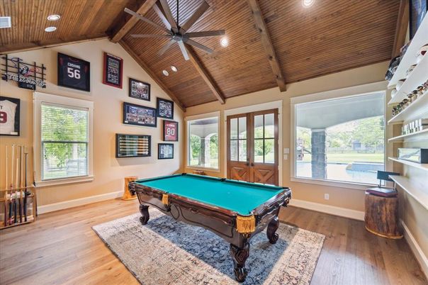 Billiard Table, Game Room, Interior, Recessed Lighting, Wooden Beams, Wooden Ceilings, Wood Texture Flooring