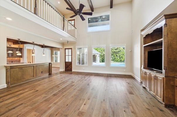 Interior, Kitchen, Pendant Lights, Recessed Lighting, Wooden Beams, Wood Texture Flooring