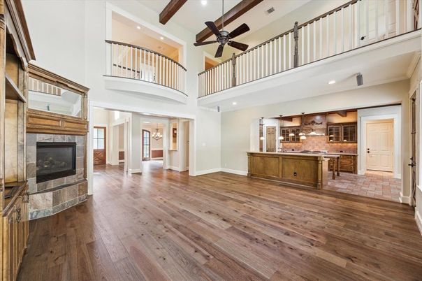 Fireplace, Interior, Kitchen, Recessed Lighting, Wood Texture Flooring