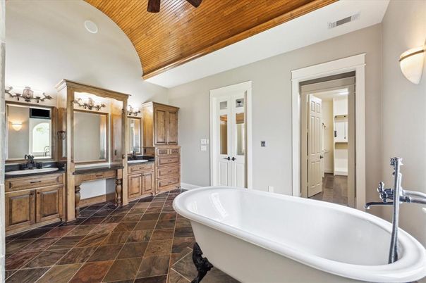 Bathroom, Dual Sink Vanities, Free Standing Baths, Interior, Wooden Beams, Wooden Ceilings
