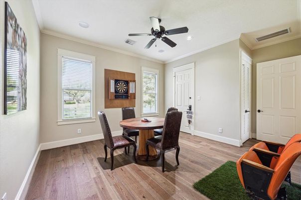 Dining room, Interior, Recessed Lighting, Wood Texture Flooring
