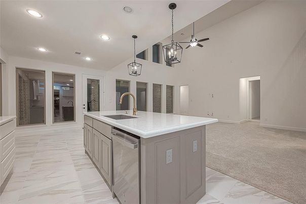 Interior, Kitchen, Marble, Pendant Lights, Recessed Lighting, Stainless Steel Appliances