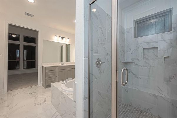 Bathroom, Glass Shower, Interior, Marble, Marble Walls, Recessed Lighting