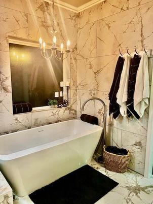 Bathroom, Free Standing Baths, Interior, Marble, Marble Walls, Pendant Lights