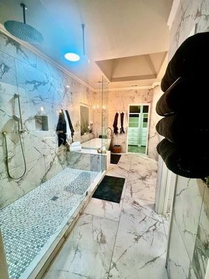 Bathroom, Glass Shower, Interior, Marble, Marble Walls, Recessed Lighting