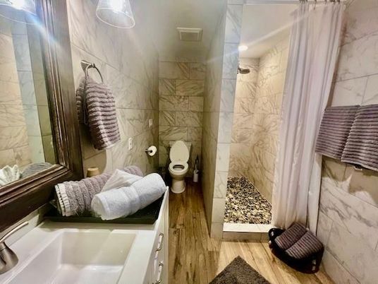 Bathroom, Interior, Marble Walls, Wood Texture Flooring