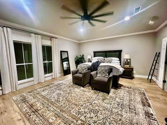 Bedroom, Interior, Recessed Lighting, Wood Texture Flooring