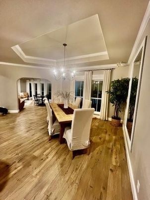 Chandelier, Dining room, Interior, Wood Texture Flooring