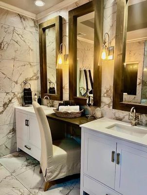 Bathroom, Dual Sink Vanities, Interior, Marble, Marble Walls, Recessed Lighting