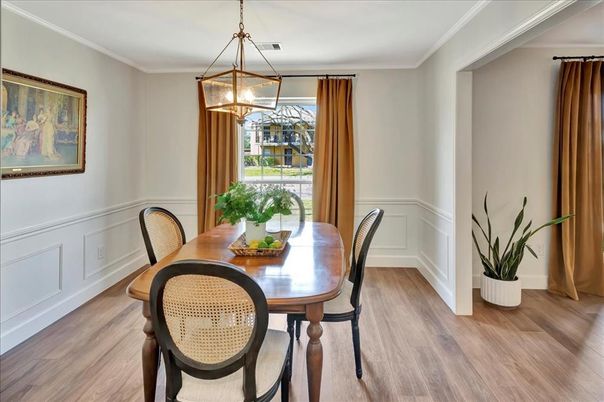 Dining room, Interior, Pendant Lights, Wood Texture Flooring