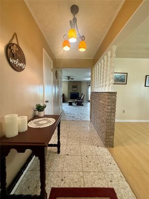 Dining room, Interior, Pendant Lights, Stone Walls, Wood Texture Flooring