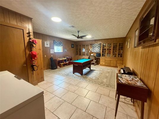 Billiard Table, Game Room, Interior, Recessed Lighting, Wooden Walls