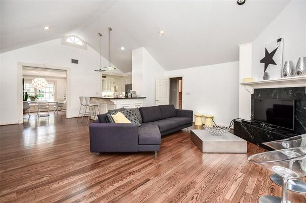 Dining room, Fireplace, Interior, Kitchen, Living room, Pendant Lights, Recessed Lighting, Wood Texture Flooring