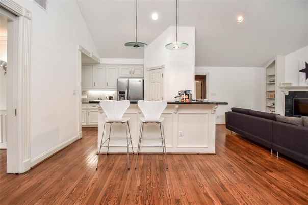 Interior, Kitchen, Pendant Lights, Recessed Lighting, Wood Texture Flooring