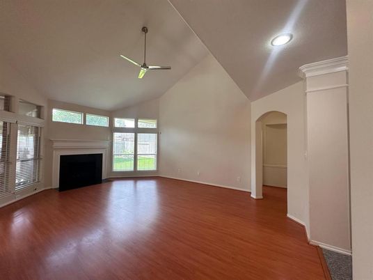 Empty room, Fireplace, Interior, Recessed Lighting, Wood Texture Flooring