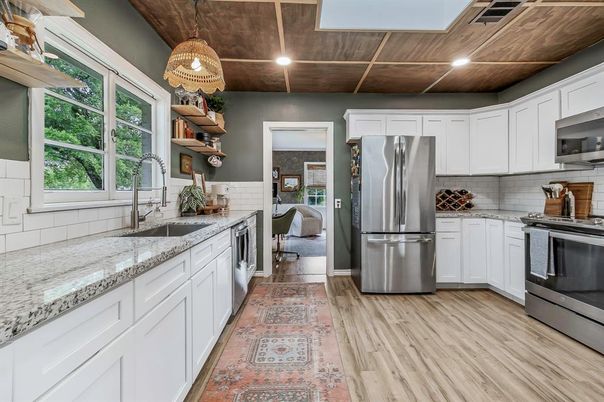 Interior, Kitchen, Pendant Lights, Recessed Lighting, Stainless Steel Appliances, Wooden Ceilings, Wood Texture Flooring