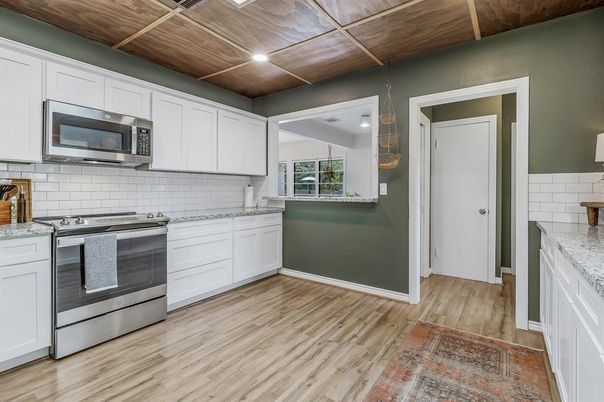 Interior, Kitchen, Recessed Lighting, Stainless Steel Appliances, Wooden Ceilings, Wood Texture Flooring