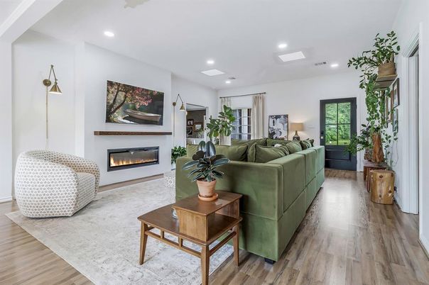 Fireplace, Interior, Living room, Recessed Lighting, Wood Texture Flooring