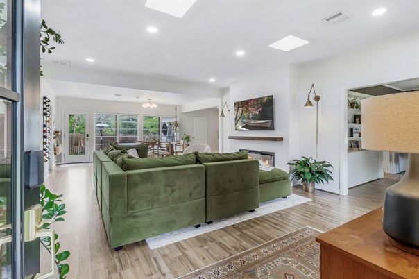Fireplace, Interior, Living room, Recessed Lighting, Wood Texture Flooring