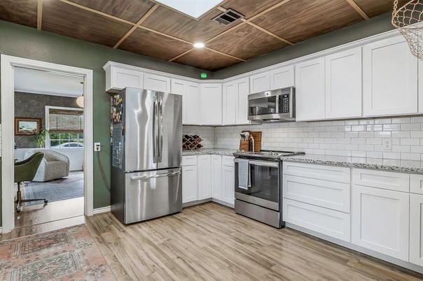 Interior, Kitchen, Recessed Lighting, Stainless Steel Appliances, Wooden Ceilings, Wood Texture Flooring