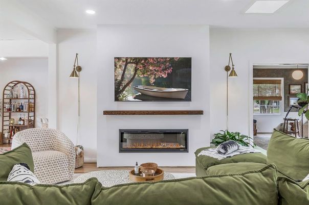 Fireplace, Interior, Living room, Recessed Lighting, Wood Texture Flooring